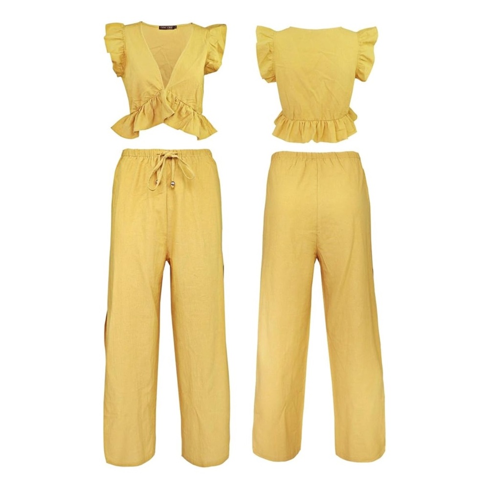 V Neck Crop Top Side Slit Drawstring Wide Leg Pant Set